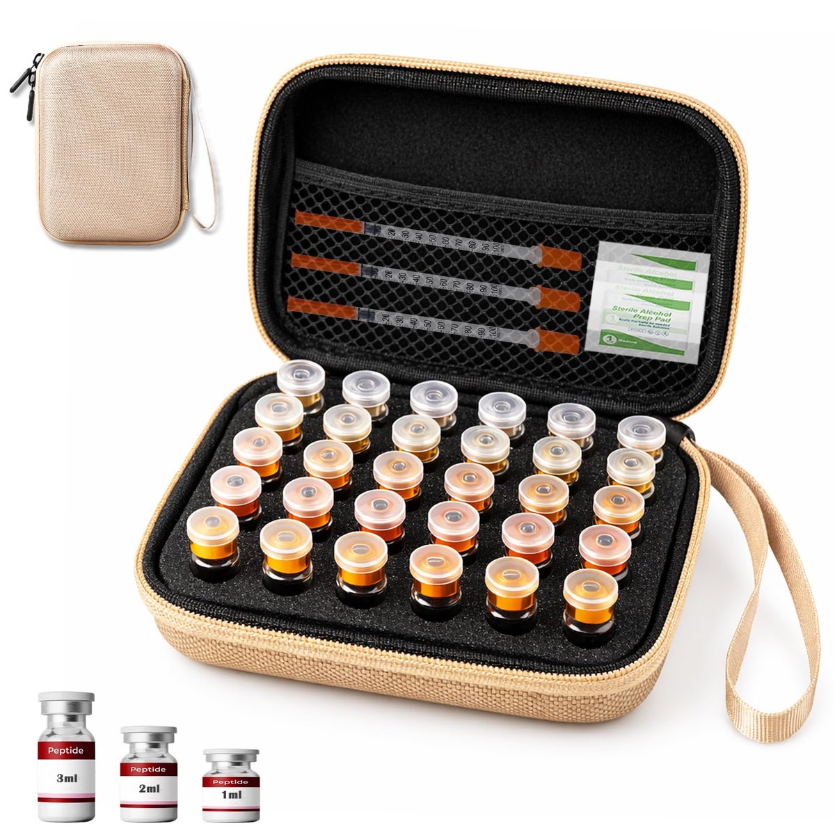 Mazentrix Peptide Vial Case für Kühlschrank-Aufbewahrung - Hartschalen-Reiseetui mit Handschlaufe für 1-3 ml Insulin, GLP-1, Peptide, Gold (Gold-30Solt)