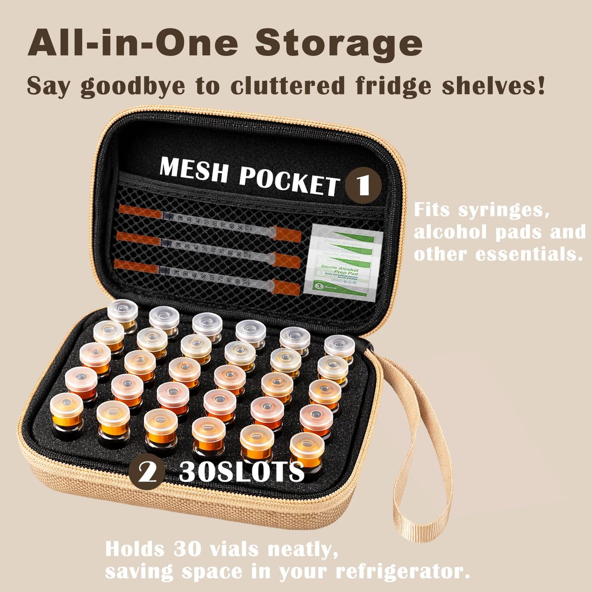 Mazentrix Peptide Vial Case für Kühlschrank-Aufbewahrung - Hartschalen-Reiseetui mit Handschlaufe für 1-3 ml Insulin, GLP-1, Peptide, Gold (Gold-30Solt)