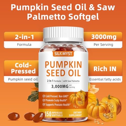 SILKMYST Kürbiskernöl mit Sägepalme 150 Softgels, 3000mg pro Portion, kaltgepresst mit essentiellen Fettsäuren & Phytosterolen, unterstützt Immunsystem, Haare, Blase, Prostata