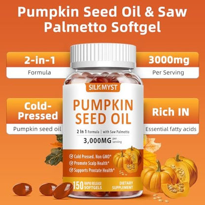 SILKMYST Kürbiskernöl mit Sägepalme 150 Softgels, 3000mg pro Portion, kaltgepresst mit essentiellen Fettsäuren & Phytosterolen, unterstützt Immunsystem, Haare, Blase, Prostata