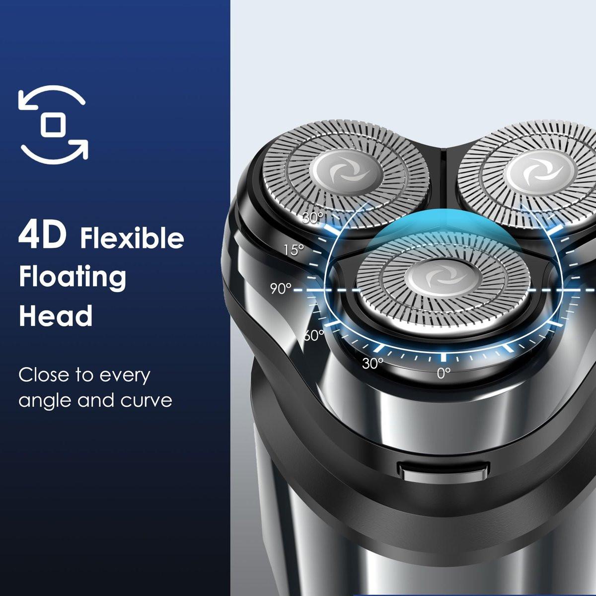 ABGAB Elektrischer Rasierer für Männer, wiederaufladbarer Nass- & Trockenrasierer, IPX7 wasserdicht, 4D Floating Kopf, LED Display, USB-C, Reisefreundlich, Silber