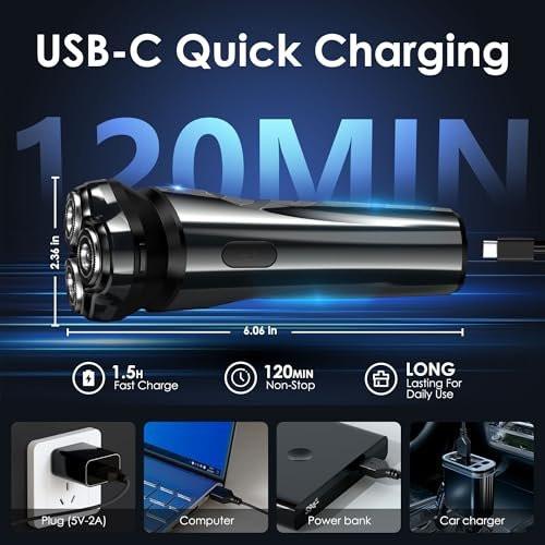 ABGAB Elektrischer Rasierer für Männer, wiederaufladbarer Nass- & Trockenrasierer, IPX7 wasserdicht, 4D Floating Kopf, LED Display, USB-C, Reisefreundlich, Silber