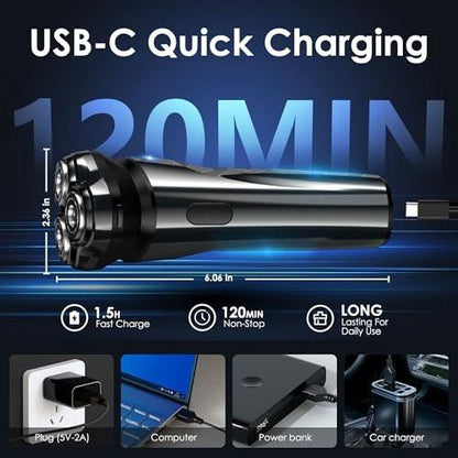 ABGAB Elektrischer Rasierer für Männer, wiederaufladbarer Nass- & Trockenrasierer, IPX7 wasserdicht, 4D Floating Kopf, LED Display, USB-C, Reisefreundlich, Silber