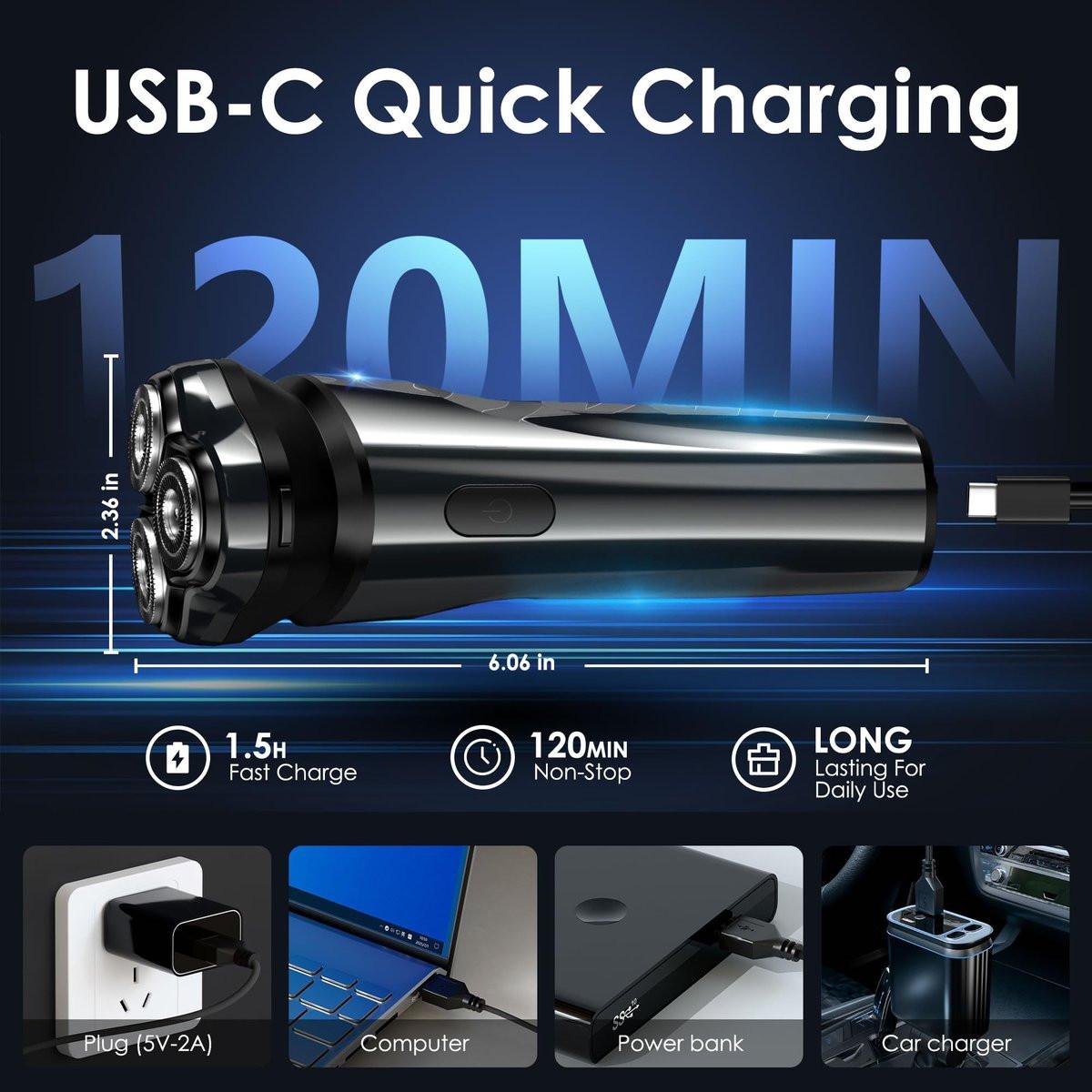 ABGAB Elektrischer Rasierer für Männer, wiederaufladbarer Nass- & Trockenrasierer, IPX7 wasserdicht, 4D Floating Kopf, LED Display, USB-C, Reisefreundlich, Silber