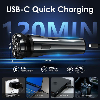 ABGAB Elektrischer Rasierer für Männer, wiederaufladbarer Nass- & Trockenrasierer, IPX7 wasserdicht, 4D Floating Kopf, LED Display, USB-C, Reisefreundlich, Silber