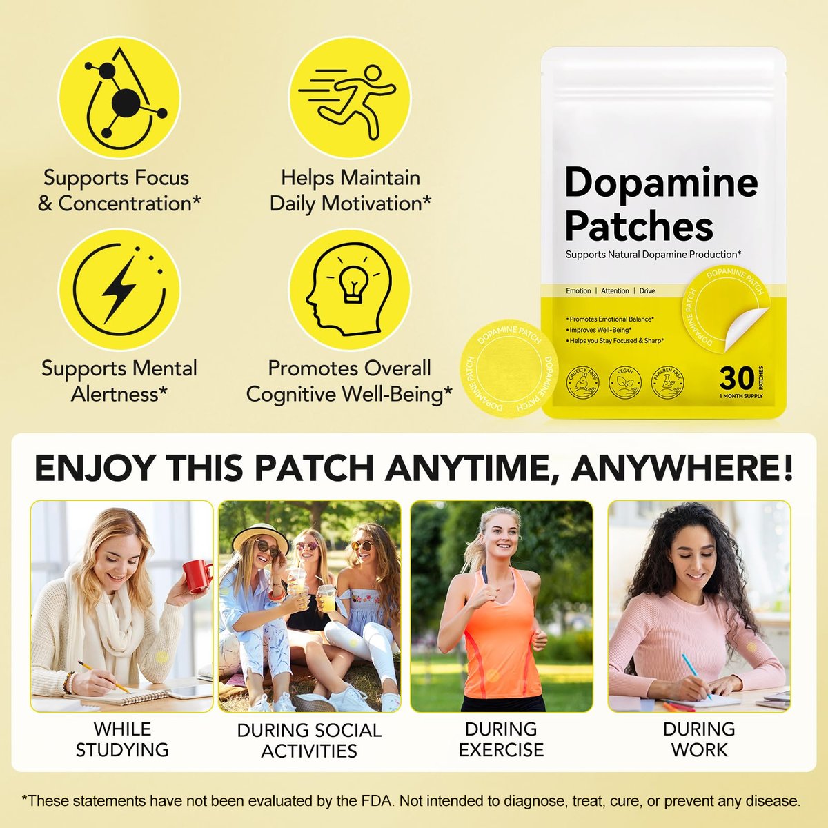 Dopamin Pflaster Extra Stärke – 30 vegane Stimmungsbooster-Pflaster für tägliches geistiges Wohlbefinden, pflanzliche Formel, Positivität & Motivation, unterstützt Dopamin- & Serotonin-Gleichgewicht für Männer & Frauen