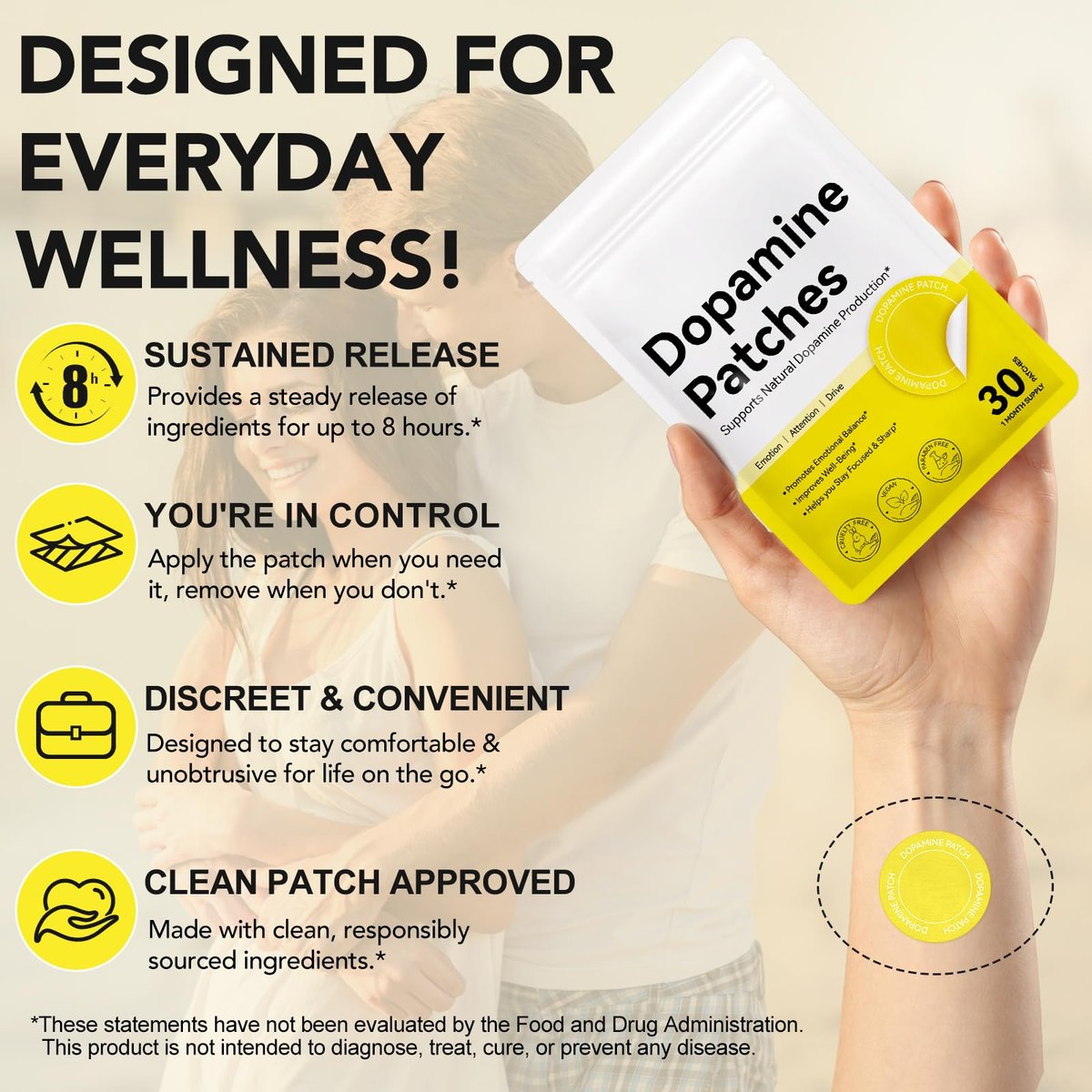 Dopamin Pflaster Extra Stärke – 30 vegane Stimmungsbooster-Pflaster für tägliches geistiges Wohlbefinden, pflanzliche Formel, Positivität & Motivation, unterstützt Dopamin- & Serotonin-Gleichgewicht für Männer & Frauen