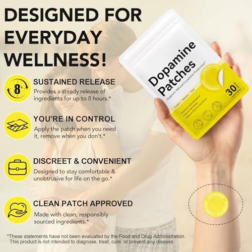 Dopamin Pflaster Extra Stärke – 30 vegane Stimmungsbooster-Pflaster für tägliches geistiges Wohlbefinden, pflanzliche Formel, Positivität & Motivation, unterstützt Dopamin- & Serotonin-Gleichgewicht für Männer & Frauen