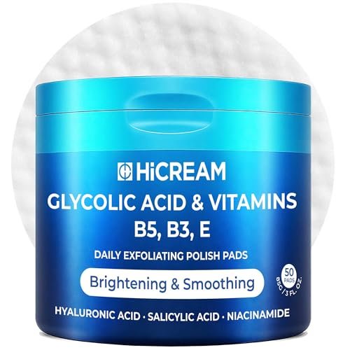 Hicream Glykolsäure-Pads, Dual-Texturiertes Gesichtspeeling-Toner für Porenpflege & Hautstrahlkraft, Tiefenreinigendes Peeling mit Niacinamid, Salicylsäure & Vitaminen E, B3, B5 (50 Pads)