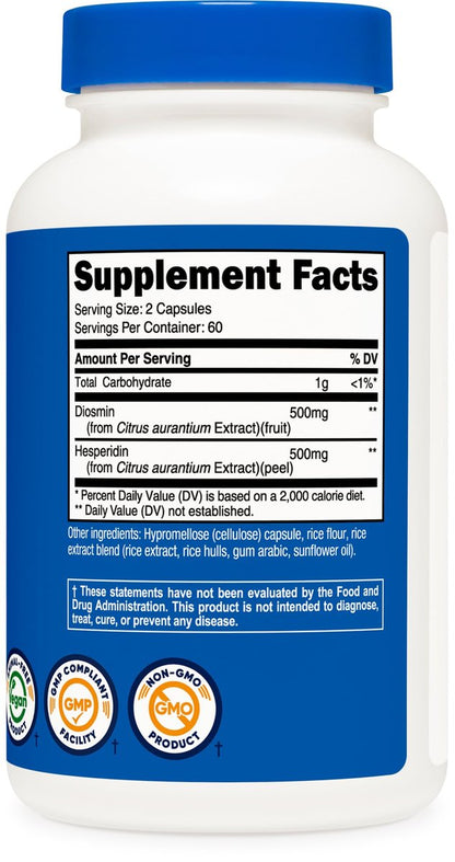 Nutricost Diosmin mit Hesperidin (1000 mg) Komplex 120 Kapseln - 500 mg Diosmin & 500 mg Hesperidin pro Portion (60 Portionen), vegan, GMO-frei, glutenfrei