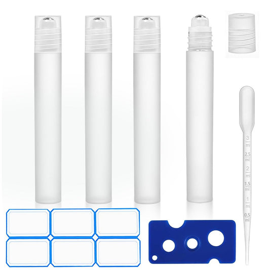 AskBed 4er-Pack 0,34 oz (10 ml) Rollerflaschen für ätherische Öle – Nachfüllbare, auslaufsichere Kunststoff-Rollerflaschen mit Edelstahl-Rollenkugeln und Etiketten