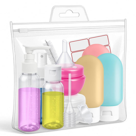 16-teiliges Reiseflaschen-Set – TSA-geprüfte Größe, leere Plastikflaschen mit Aufkleberbogen, Trichter, Sprühflasche & Kulturbeutel – Für Shampoo, Lotion, Öl & Desinfektionsmittel