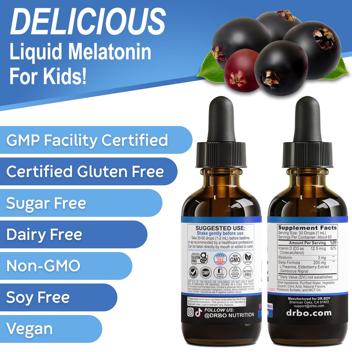 DR. BO Liquid Melatonin Kids Sleep Aid – Sleep Magic Kids Melatonin Liquid 3mg Berry Drops mit D3 und L-Theanin – Natürliche Einschlafhilfe für Kinder, Reiseessentials 60 ml