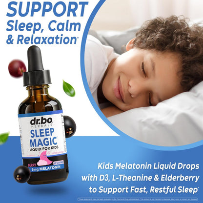 DR. BO Liquid Melatonin Kids Sleep Aid – Sleep Magic Kids Melatonin Liquid 3mg Berry Drops mit D3 und L-Theanin – Natürliche Einschlafhilfe für Kinder, Reiseessentials 60 ml