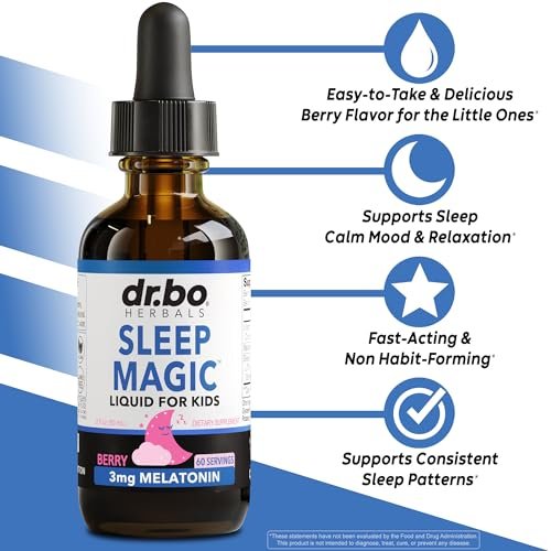 DR. BO Liquid Melatonin Kids Sleep Aid – Sleep Magic Kids Melatonin Liquid 3mg Berry Drops mit D3 und L-Theanin – Natürliche Einschlafhilfe für Kinder, Reiseessentials 60 ml