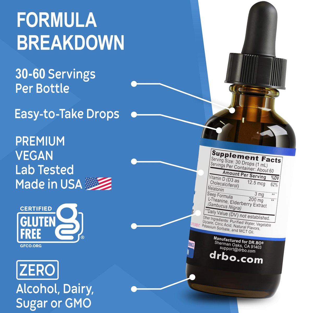DR. BO Liquid Melatonin Kids Sleep Aid – Sleep Magic Kids Melatonin Liquid 3mg Berry Drops mit D3 und L-Theanin – Natürliche Einschlafhilfe für Kinder, Reiseessentials 60 ml