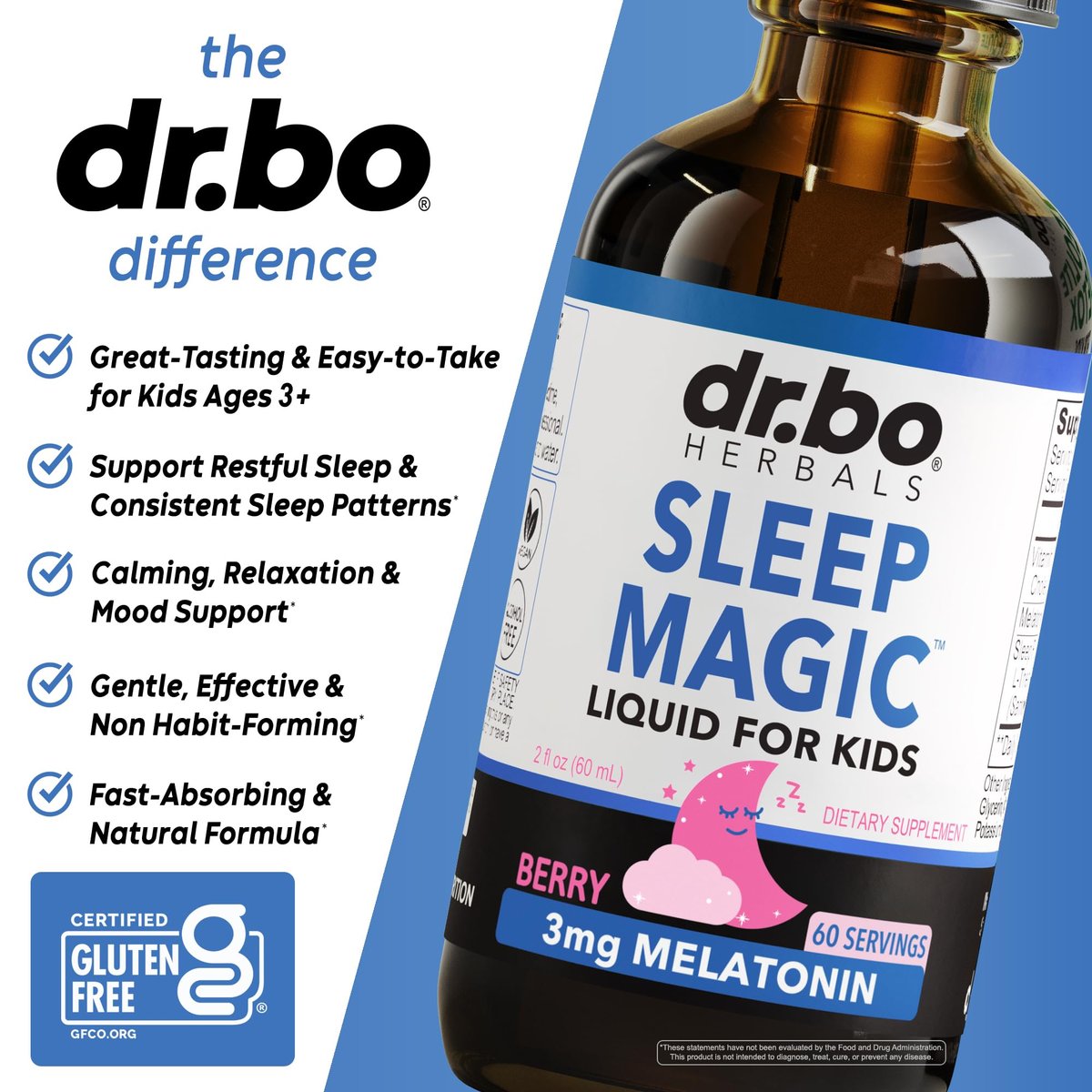 DR. BO Liquid Melatonin Kids Sleep Aid – Sleep Magic Kids Melatonin Liquid 3mg Berry Drops mit D3 und L-Theanin – Natürliche Einschlafhilfe für Kinder, Reiseessentials 60 ml