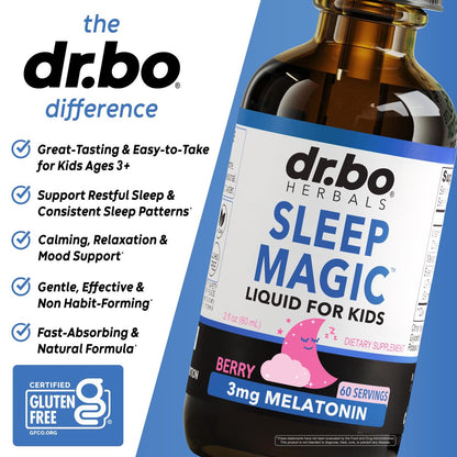 DR. BO Liquid Melatonin Kids Sleep Aid – Sleep Magic Kids Melatonin Liquid 3mg Berry Drops mit D3 und L-Theanin – Natürliche Einschlafhilfe für Kinder, Reiseessentials 60 ml