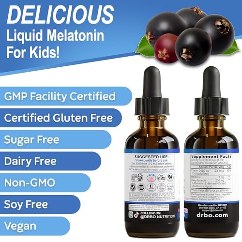 DR. BO Liquid Melatonin Kids Sleep Aid – Sleep Magic Kids Melatonin Liquid 3mg Berry Drops mit D3 und L-Theanin – Natürliche Einschlafhilfe für Kinder, Reiseessentials 60 ml
