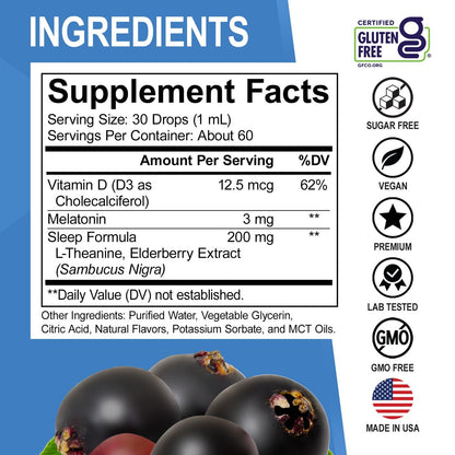 DR. BO Liquid Melatonin Kids Sleep Aid – Sleep Magic Kids Melatonin Liquid 3mg Berry Drops mit D3 und L-Theanin – Natürliche Einschlafhilfe für Kinder, Reiseessentials 60 ml