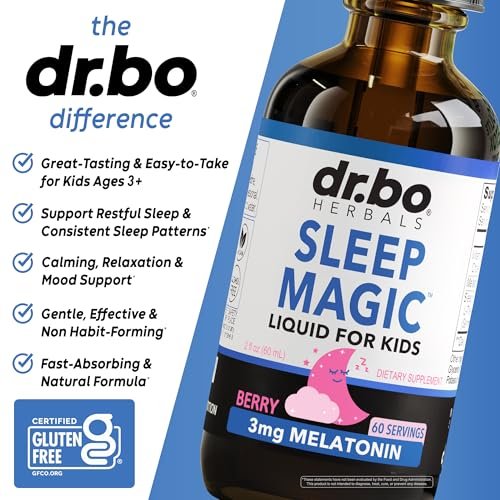 DR. BO Liquid Melatonin Kids Sleep Aid – Sleep Magic Kids Melatonin Liquid 3mg Berry Drops mit D3 und L-Theanin – Natürliche Einschlafhilfe für Kinder, Reiseessentials 60 ml