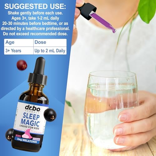 DR. BO Liquid Melatonin Kids Sleep Aid – Sleep Magic Kids Melatonin Liquid 3mg Berry Drops mit D3 und L-Theanin – Natürliche Einschlafhilfe für Kinder, Reiseessentials 60 ml