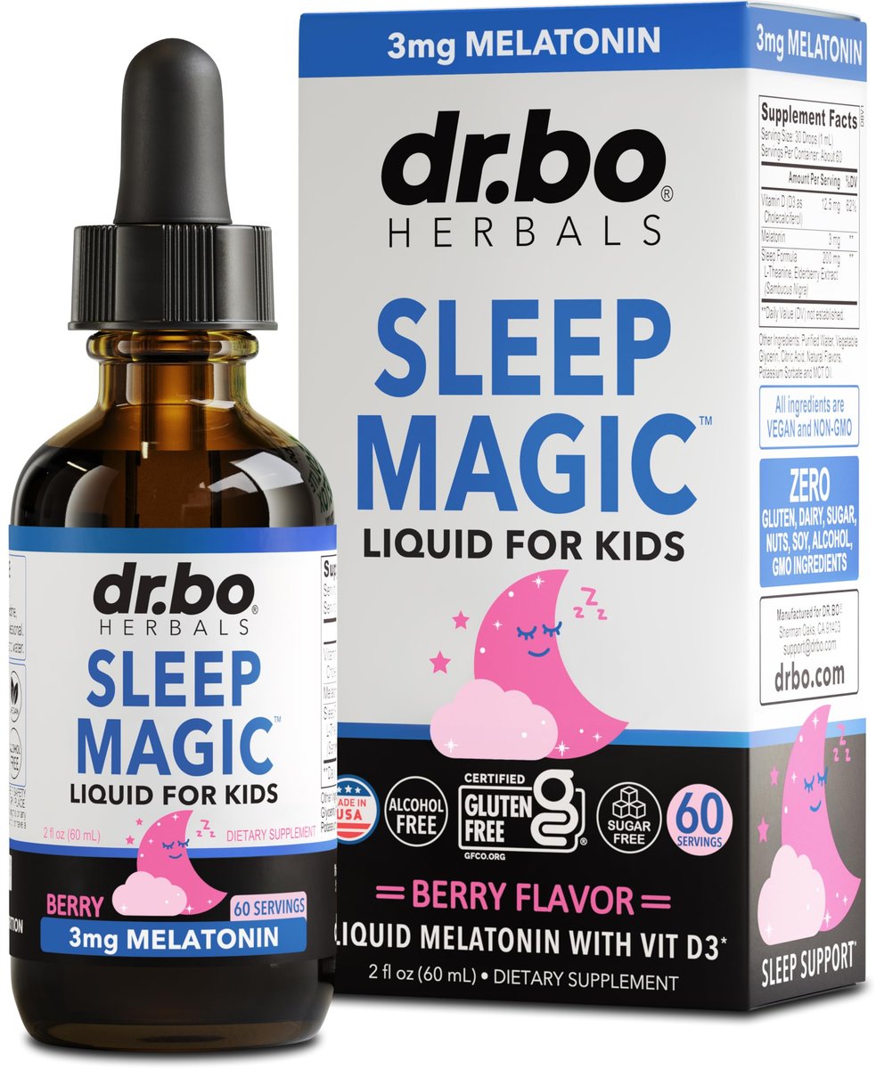 DR. BO Liquid Melatonin Kids Sleep Aid – Sleep Magic Kids Melatonin Liquid 3mg Berry Drops mit D3 und L-Theanin – Natürliche Einschlafhilfe für Kinder, Reiseessentials 60 ml