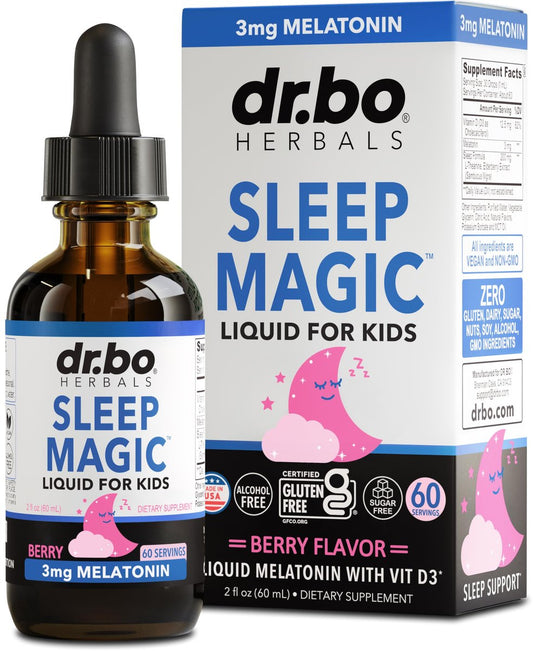 DR. BO Liquid Melatonin Kids Sleep Aid – Sleep Magic Kids Melatonin Liquid 3mg Berry Drops mit D3 und L-Theanin – Natürliche Einschlafhilfe für Kinder, Reiseessentials 60 ml