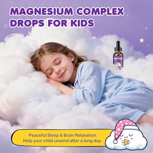 Magnesium Glycinat Flüssig für Kinder – Magnesium Bisglycinat Tropfen mit L-Theanin, Kamille & Vitamin B6, B12, C, D3 für Schlaf, Entspannung, Immununterstützung, Ruhe & Konzentration – 60 ml, Erdbeergeschmack