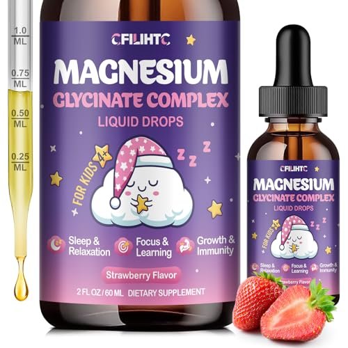 Magnesium Glycinat Flüssig für Kinder – Magnesium Bisglycinat Tropfen mit L-Theanin, Kamille & Vitamin B6, B12, C, D3 für Schlaf, Entspannung, Immununterstützung, Ruhe & Konzentration – 60 ml, Erdbeergeschmack