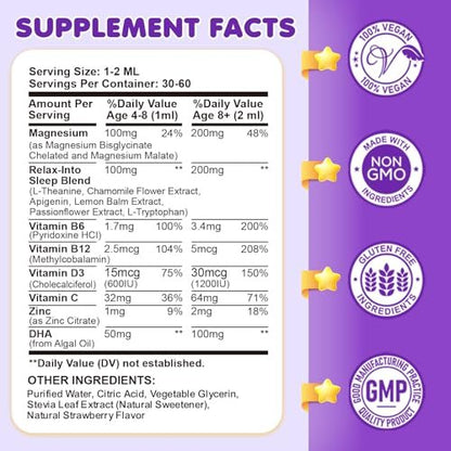 Magnesium Glycinat Flüssig für Kinder – Magnesium Bisglycinat Tropfen mit L-Theanin, Kamille & Vitamin B6, B12, C, D3 für Schlaf, Entspannung, Immununterstützung, Ruhe & Konzentration – 60 ml, Erdbeergeschmack