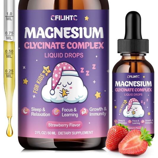Magnesium Glycinat Flüssig für Kinder – Magnesium Bisglycinat Tropfen mit L-Theanin, Kamille & Vitamin B6, B12, C, D3 für Schlaf, Entspannung, Immununterstützung, Ruhe & Konzentration – 60 ml, Erdbeergeschmack