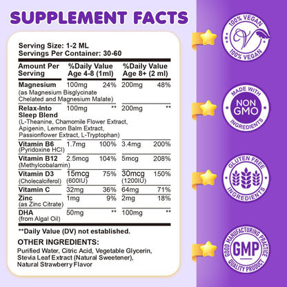 Magnesium Glycinat Flüssig für Kinder – Magnesium Bisglycinat Tropfen mit L-Theanin, Kamille & Vitamin B6, B12, C, D3 für Schlaf, Entspannung, Immununterstützung, Ruhe & Konzentration – 60 ml, Erdbeergeschmack