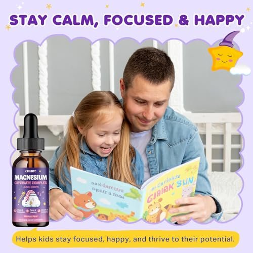Magnesium Glycinat Flüssig für Kinder – Magnesium Bisglycinat Tropfen mit L-Theanin, Kamille & Vitamin B6, B12, C, D3 für Schlaf, Entspannung, Immununterstützung, Ruhe & Konzentration – 60 ml, Erdbeergeschmack