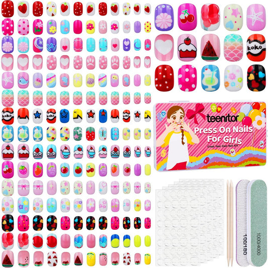 Teenitor 360 Stücke Kinder Press-On-Nägel, 15 Designs 12 Größen, Fake Acrylnägel für Mädchen 8-15 Jahre, mit Klebepads, Nagelfeile und Buffer