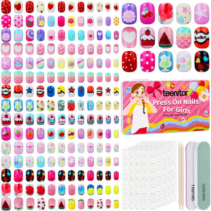 Teenitor 360 Stücke Kinder Press-On-Nägel, 15 Designs 12 Größen, Fake Acrylnägel für Mädchen 8-15 Jahre, mit Klebepads, Nagelfeile und Buffer