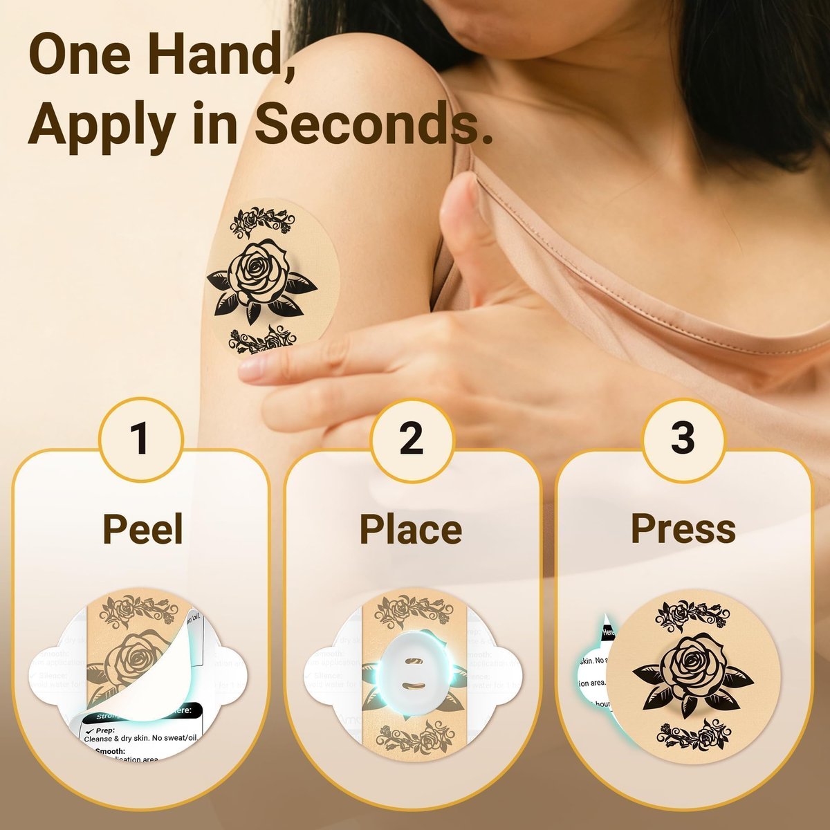 Amolyfe Dexcom G7 Tattoo Over Patches – Wasserdicht, 10er-Pack, stoßfest mit Hartschale, atmungsaktiv, medizinisches Klebeband, 15-Tage CGM-Schutz (Tattoo Rose)