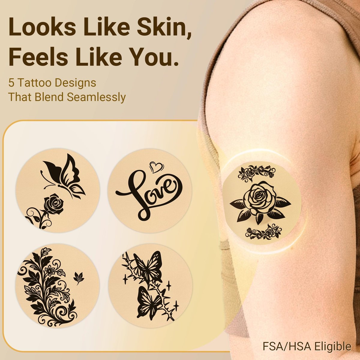 Amolyfe Dexcom G7 Tattoo Over Patches – Wasserdicht, 10er-Pack, stoßfest mit Hartschale, atmungsaktiv, medizinisches Klebeband, 15-Tage CGM-Schutz (Tattoo Rose)