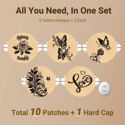 Amolyfe Dexcom G7 Tattoo Over Patches – Wasserdicht, 10er-Pack, stoßfest mit Hartschale, atmungsaktiv, medizinisches Klebeband, 15-Tage CGM-Schutz (Tattoo Rose)