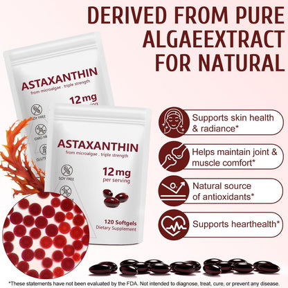 Astaxanthin 12mg, 120 Weichkapseln, 4-Monatsvorrat, Hochwertiges Astaxanthin Antioxidans zur Unterstützung von Augen-, Immun-, Gelenk-, Hautgesundheit und innerer Durchblutung