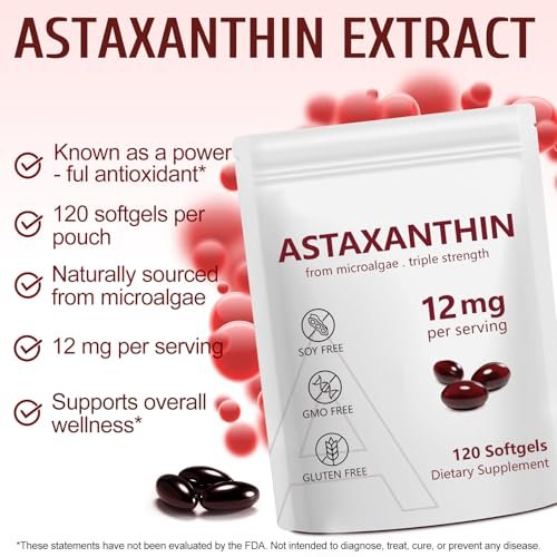 Astaxanthin 12mg, 120 Weichkapseln, 4-Monatsvorrat, Hochwertiges Astaxanthin Antioxidans zur Unterstützung von Augen-, Immun-, Gelenk-, Hautgesundheit und innerer Durchblutung