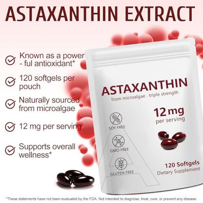 Astaxanthin 12mg, 120 Weichkapseln, 4-Monatsvorrat, Hochwertiges Astaxanthin Antioxidans zur Unterstützung von Augen-, Immun-, Gelenk-, Hautgesundheit und innerer Durchblutung
