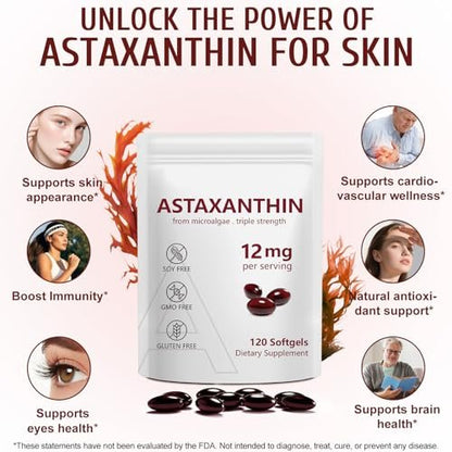 Astaxanthin 12mg, 120 Weichkapseln, 4-Monatsvorrat, Hochwertiges Astaxanthin Antioxidans zur Unterstützung von Augen-, Immun-, Gelenk-, Hautgesundheit und innerer Durchblutung