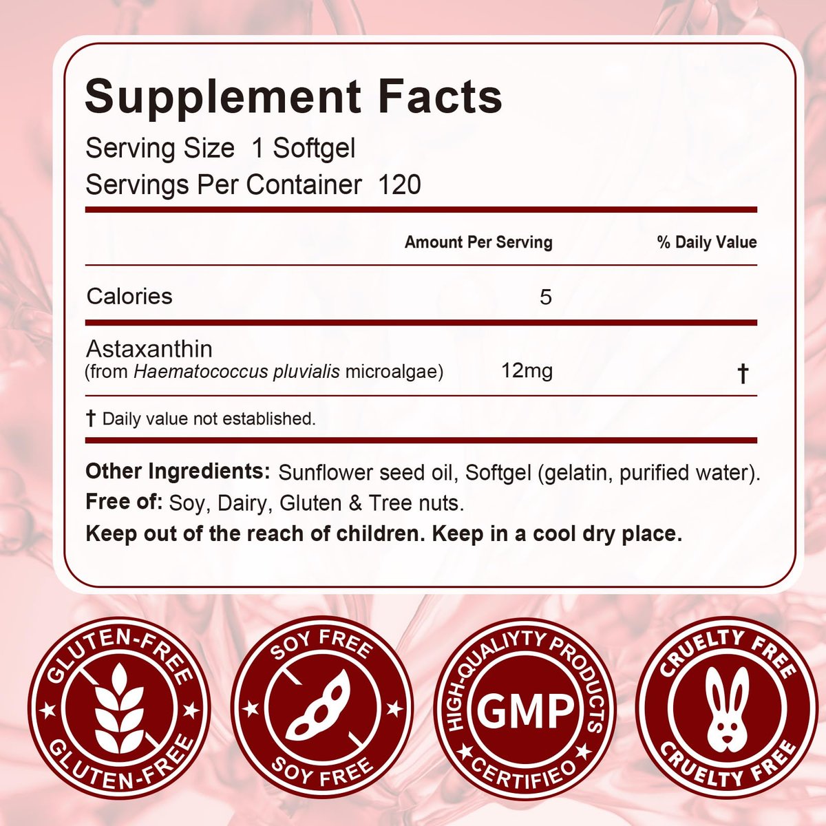 Astaxanthin 12mg, 120 Weichkapseln, 4-Monatsvorrat, Hochwertiges Astaxanthin Antioxidans zur Unterstützung von Augen-, Immun-, Gelenk-, Hautgesundheit und innerer Durchblutung