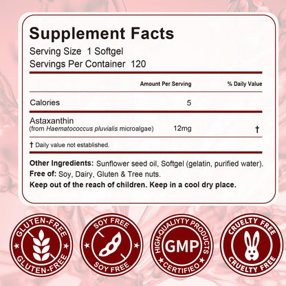Astaxanthin 12mg, 120 Weichkapseln, 4-Monatsvorrat, Hochwertiges Astaxanthin Antioxidans zur Unterstützung von Augen-, Immun-, Gelenk-, Hautgesundheit und innerer Durchblutung
