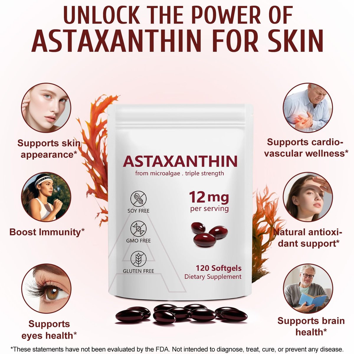 Astaxanthin 12mg, 120 Weichkapseln, 4-Monatsvorrat, Hochwertiges Astaxanthin Antioxidans zur Unterstützung von Augen-, Immun-, Gelenk-, Hautgesundheit und innerer Durchblutung