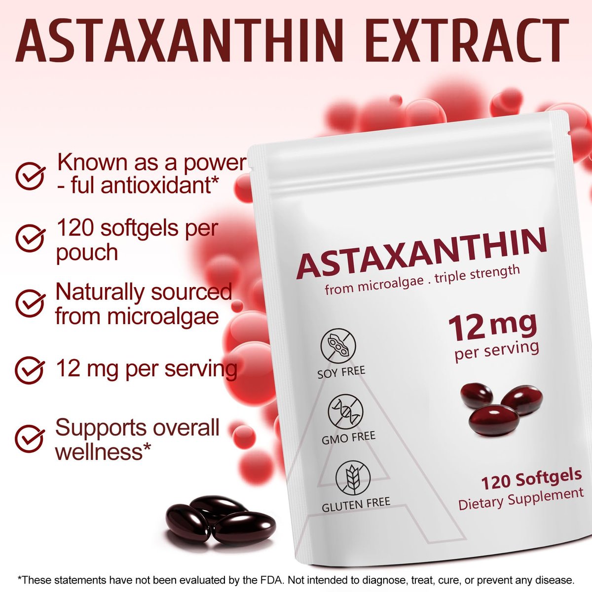 Astaxanthin 12mg, 120 Weichkapseln, 4-Monatsvorrat, Hochwertiges Astaxanthin Antioxidans zur Unterstützung von Augen-, Immun-, Gelenk-, Hautgesundheit und innerer Durchblutung