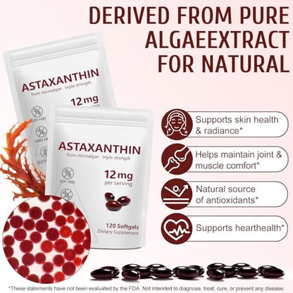 Astaxanthin 12mg, 120 Weichkapseln, 4-Monatsvorrat, Hochwertiges Astaxanthin Antioxidans zur Unterstützung von Augen-, Immun-, Gelenk-, Hautgesundheit und innerer Durchblutung
