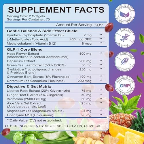 GLP-1 Natürlicher Aktivator Formula für Frauen & Männer – Mit Probiotika, Hopfen, Grüntee für Energie, Darmgesundheit, Hunger- & Stoffwechselunterstützung, 150 Kapseln