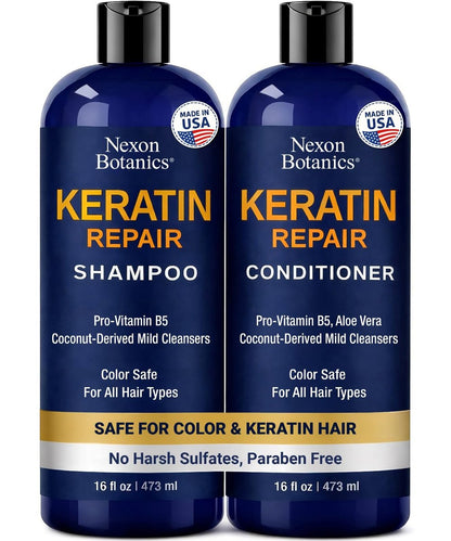 Nexon Botanics Keratin Shampoo & Conditioner Set 2x473 ml – Stärkende & glättende Pflege für trockenes, geschädigtes, krauses oder keratinbehandeltes Haar – Farbschutz – Champu Cabello con Keratina